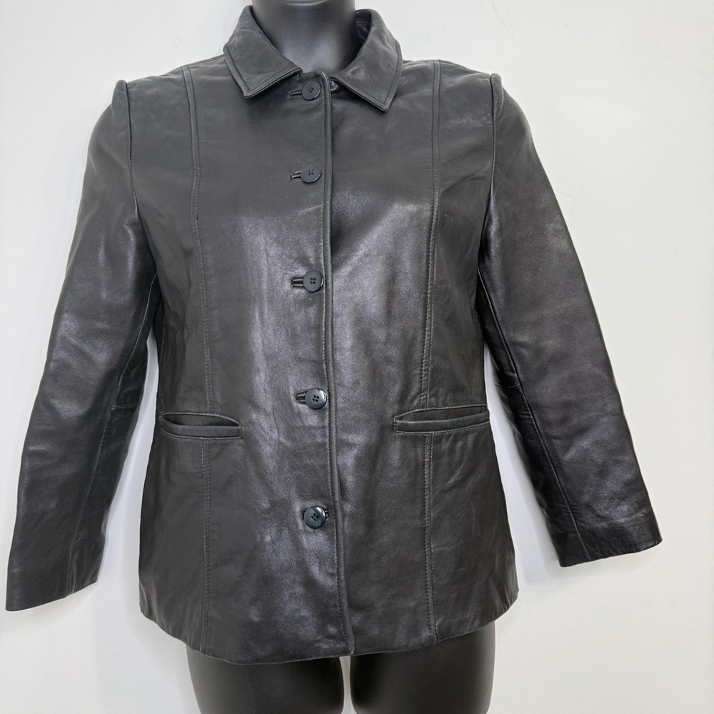 Petite Sophisticate Black Leather Button-Front Jacket - Picture 2 of 5
